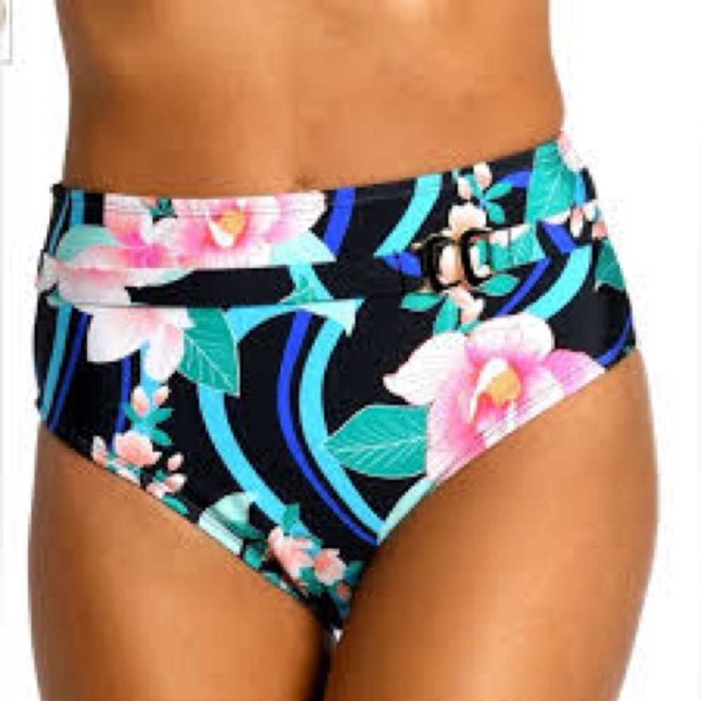 La Blanca Black High-Waist Bikini Bottoms with Pink Floral & Aqua Accents. Sz 12
